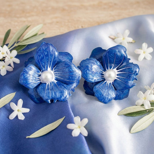 Blue Oversized Stud Painted Petal Flower Earrings