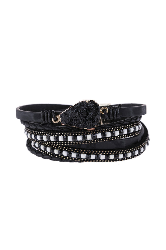 Druzy Stone Leather Wrap Magnetic Bracelet - BLACK - Jewelry & Accessories - Bracelets & Bangles - Wrap Bracelets