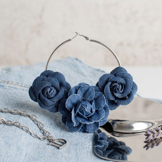 Hoop Denim Jean Triple Rose Flower Silver Earrings