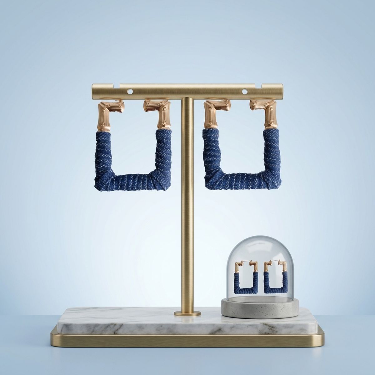 Hoop Denim Wrapped Gold Bamboo Rectangle Earrings