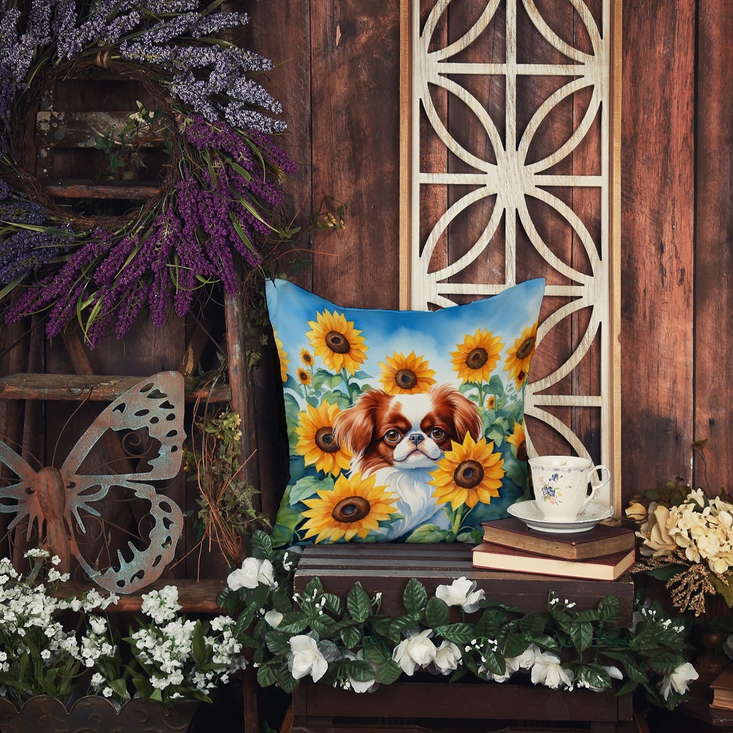 Japanese Chin in Sunflowers Throw Pillow - One Color / One Size - Home & Garden - Home Textile - Pillows