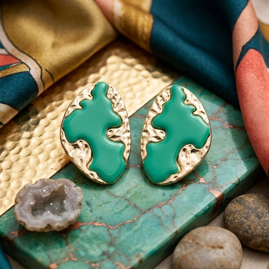 Stud Green and Gold Molten Metal Retro Earrings