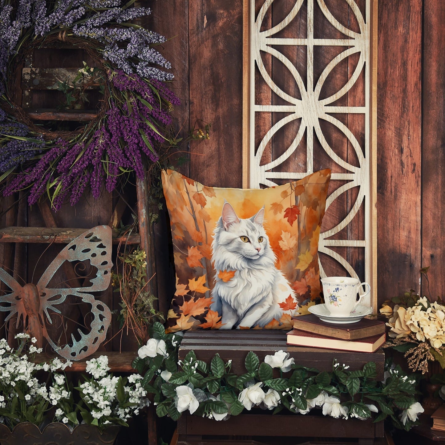 Turkish Angora Cat in Fall Leaves Throw Pillow - One Color / One Size - Home & Garden - Home Textile - Pillows