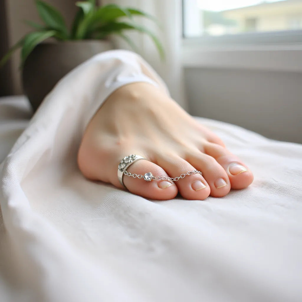 Silver rhinestone ankle chain toe ring with delicate chain links on light neutral fabric