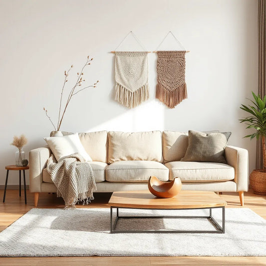 Neutral living room styled with distinctive vase, textured textiles, and a sculptural centerpiece