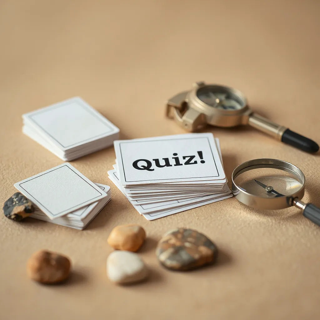 Stack of trivia cards beside smooth rock specimens, with magnifying glass on a clean tabletop.