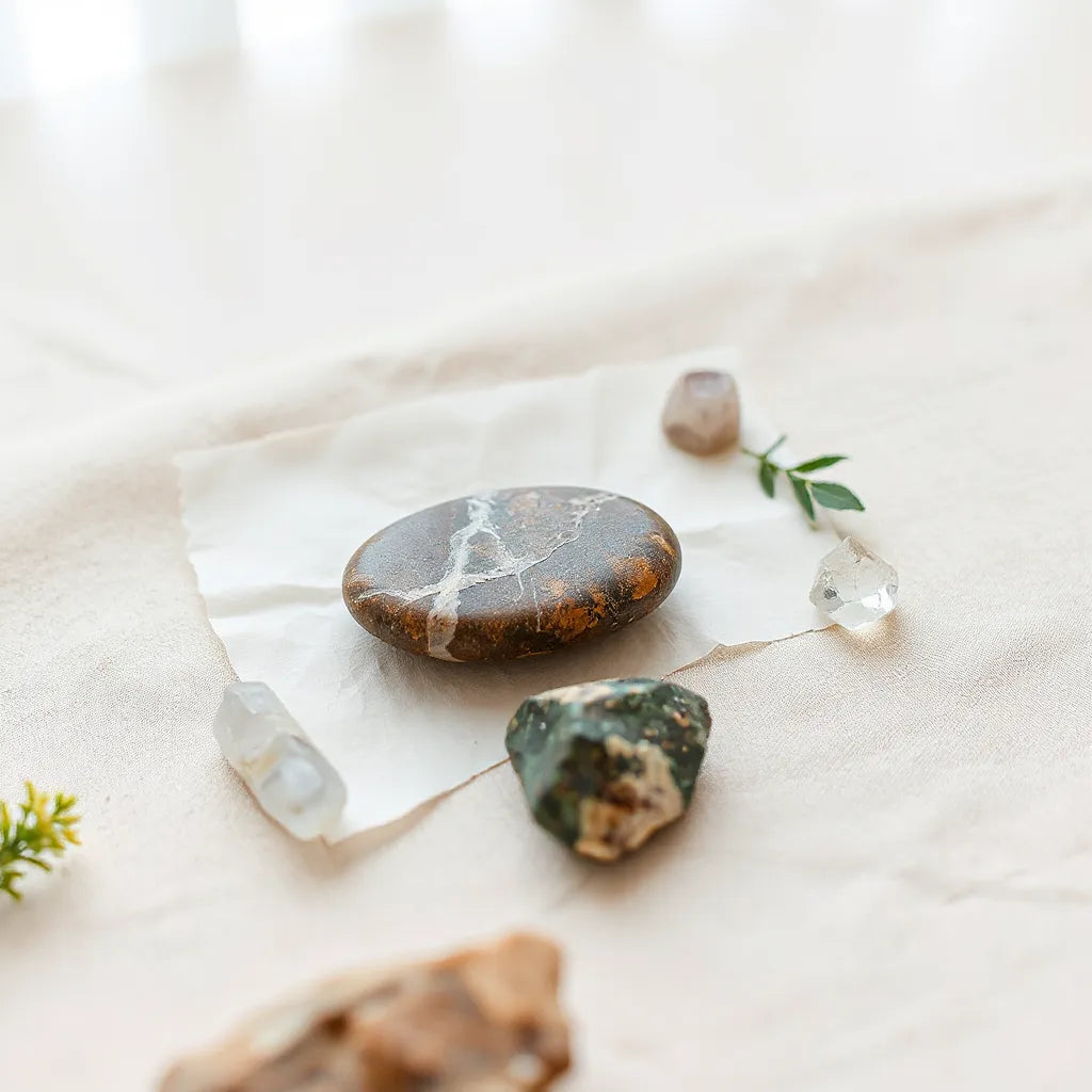 Polished eco-friendly crystal pieces arranged on a neutral surface with soft natural light