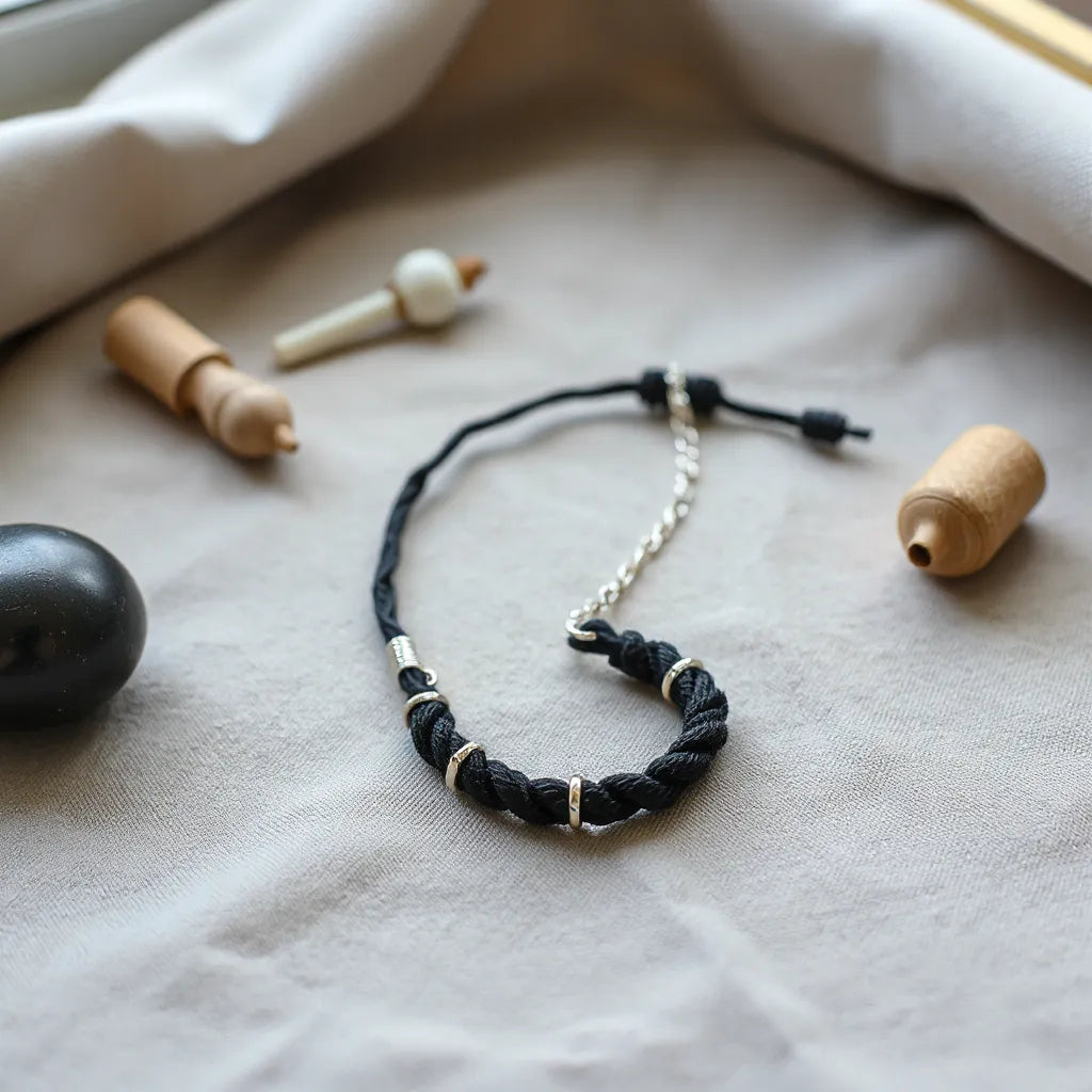 Black woven anklet with silver chain detail on a neutral fabric surface