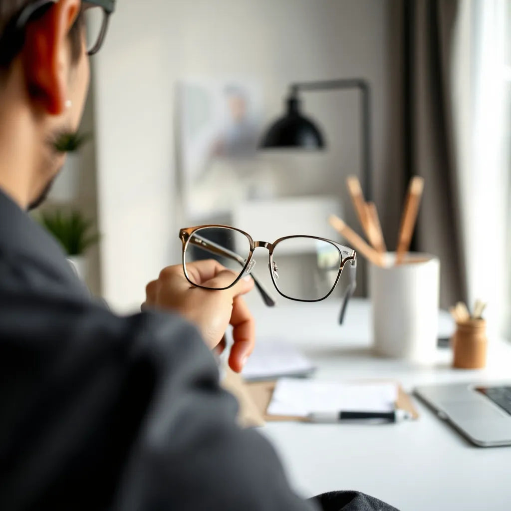 Elegant glasses on a well-dressed person with soft natural light and minimal background