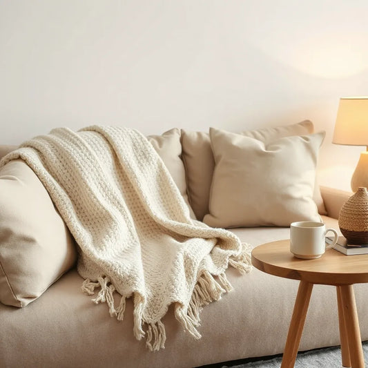 Cozy living room with a draped throw blanket, plush pillows, and warm lamp light