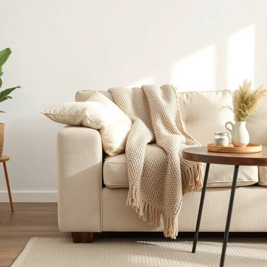 Neutral living room with a textured throw blanket draped over a sofa and layered cushions