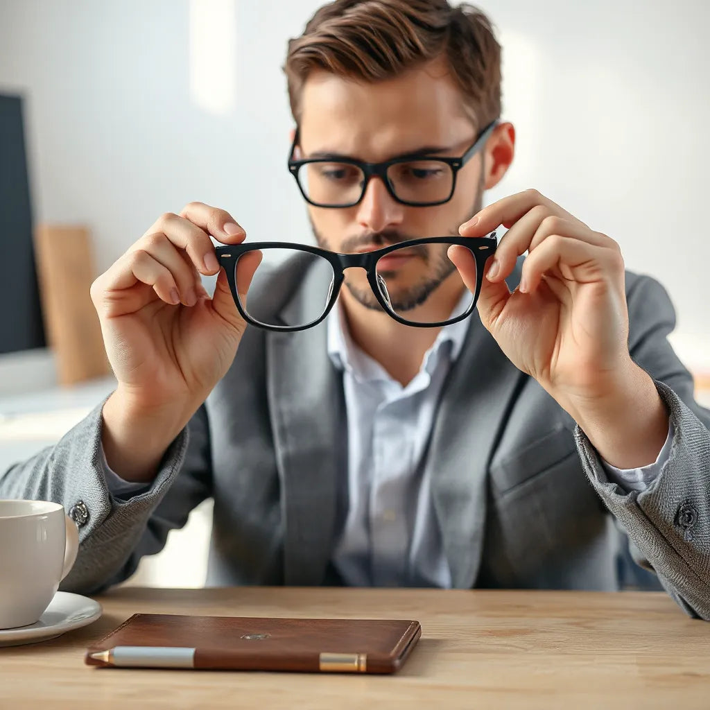 Person adjusting classic Admiral-style glasses with a neat, modern outfit in soft natural light