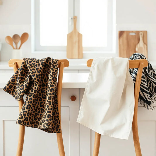 Leopard and zebra print aprons styled on a kitchen countertop with simple cooking tools