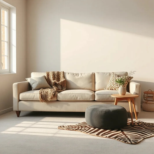 Leopard print throw and zebra accents styled in a bright, modern living room