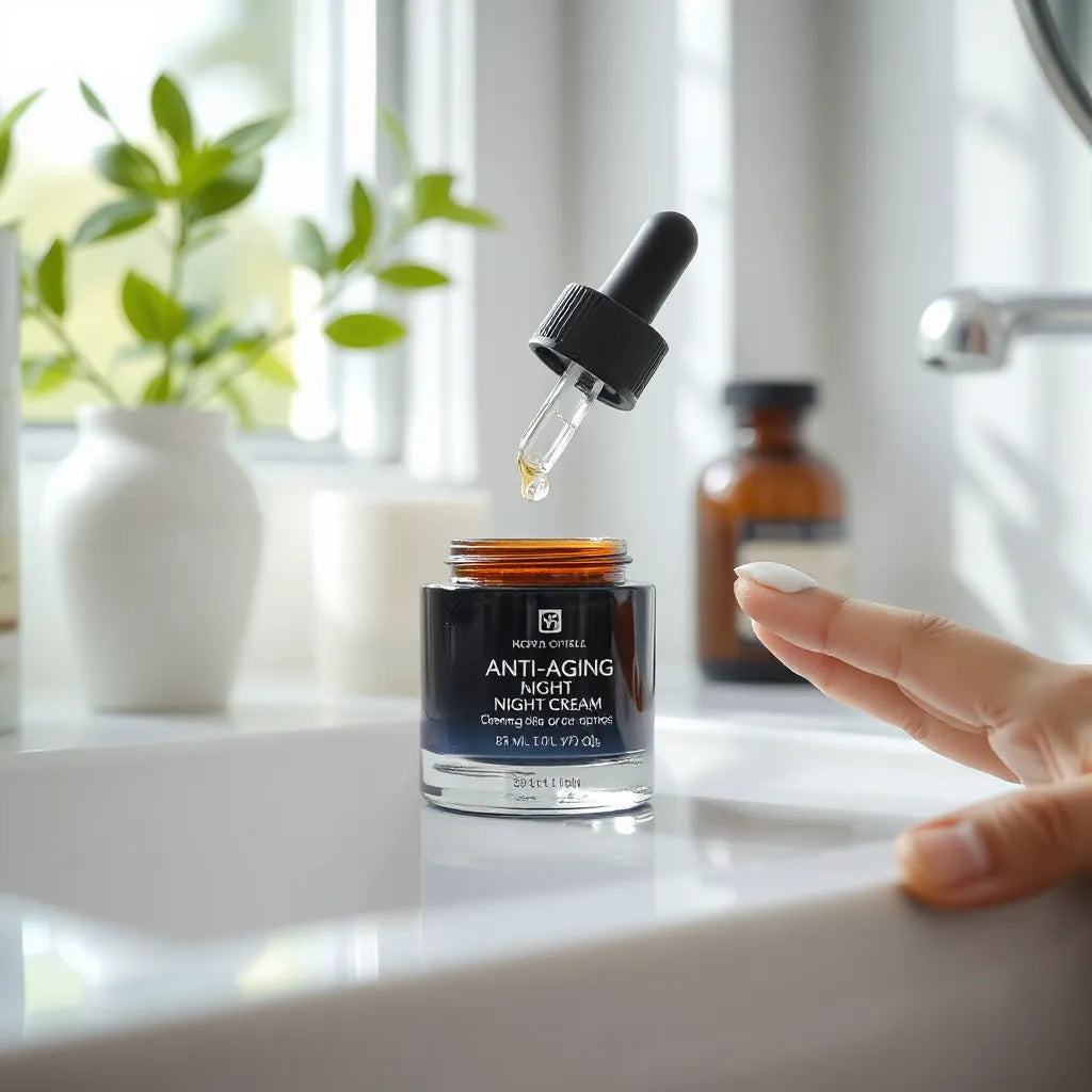 A skincare jar of night cream with dropper on a bright vanity, softly lit with minimal background