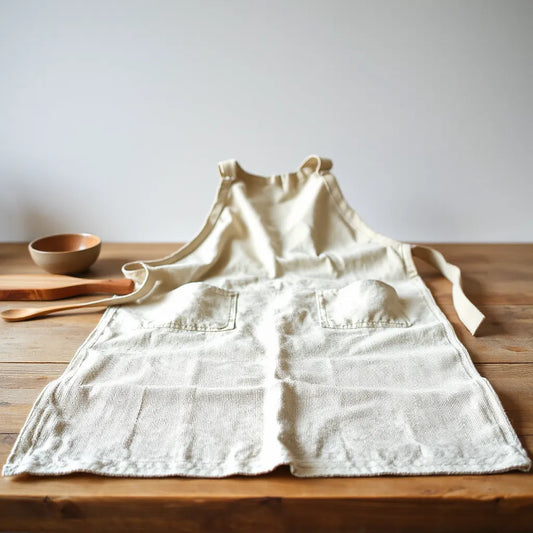 Hand-finished artisan apron laid on a wooden kitchen counter with natural light