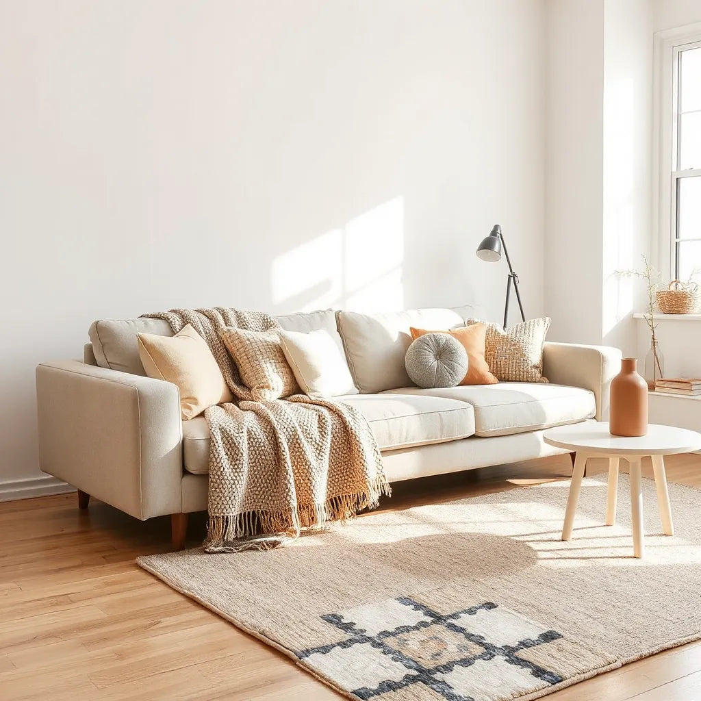 Curated living room with sofa throws, cushions, area rug, and side table for a cozy, balanced look