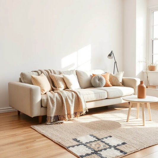 Curated living room with sofa throws, cushions, area rug, and side table for a cozy, balanced look