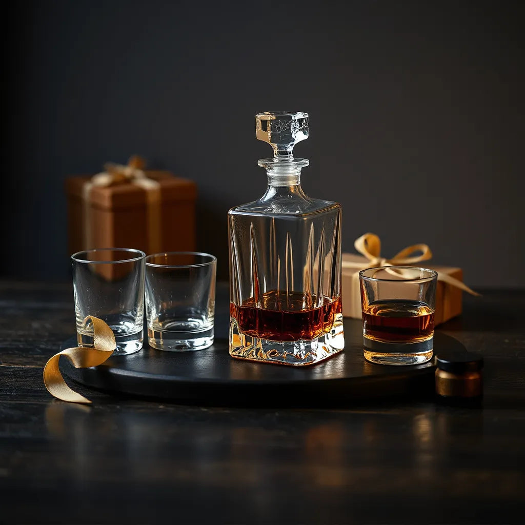 Crystal whiskey decanter with stopper and two matching tumblers on a dark wooden table near a gift box