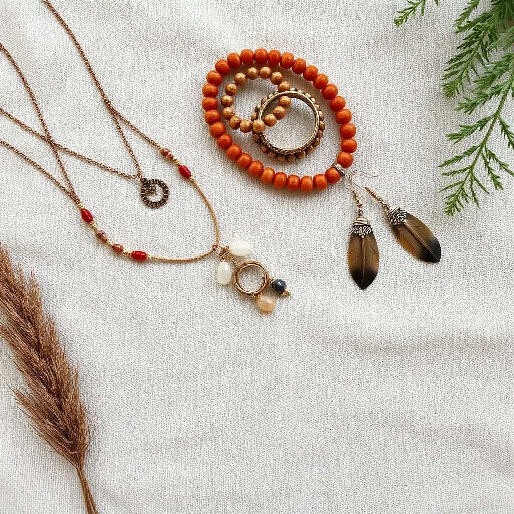 Layered bohemian-style necklaces, rings, and dangling earrings displayed on linen with warm natural light.