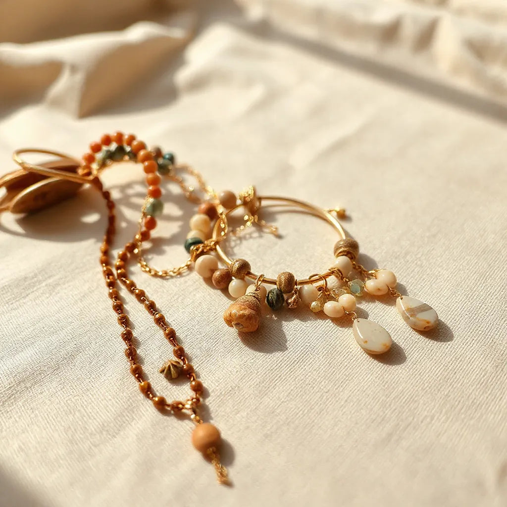 Layered bohemian necklaces, stacked bangles, and dangling earrings with natural stone accents on neutral fabric