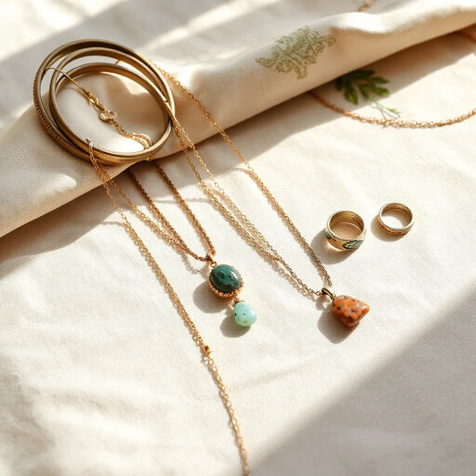 Layered necklaces, bangles, and rings in warm earthy tones arranged on a sunlit neutral surface.