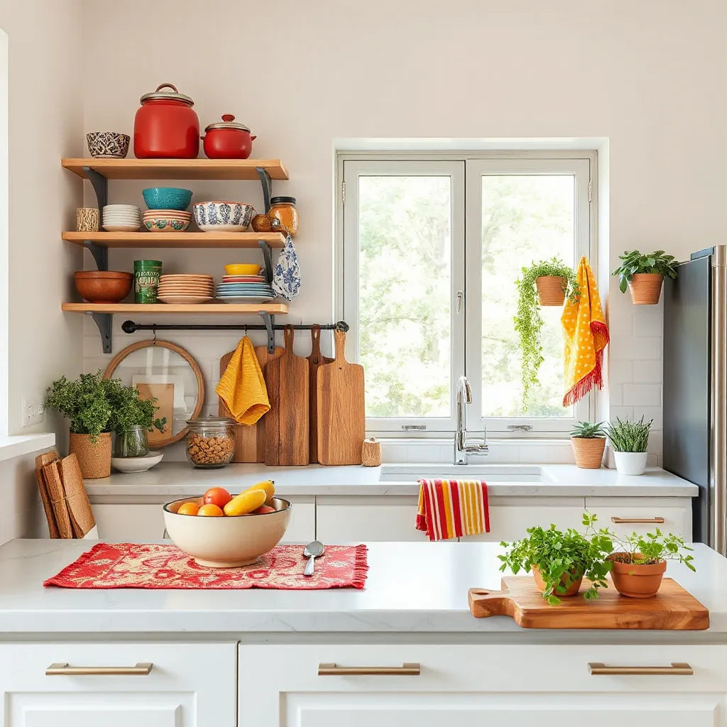 Bright kitchen with colorful ceramics, patterned linens, and potted herbs on a sunny windowsill