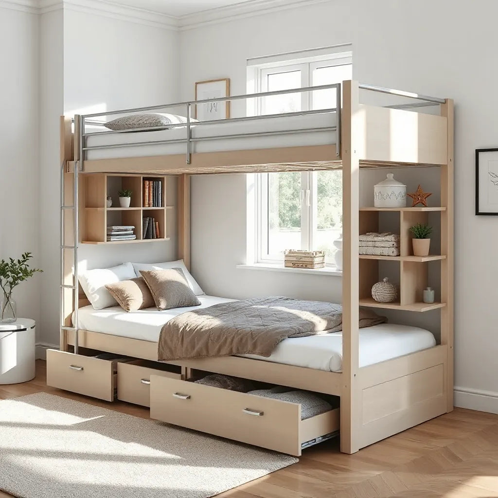 Bunk bed with built-in drawers and shelves keeping blankets and toys neatly organized