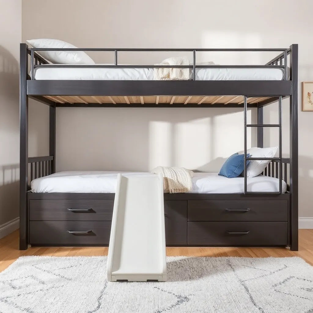 Modern bunk bed with built-in drawers and an attached slide in a tidy bedroom