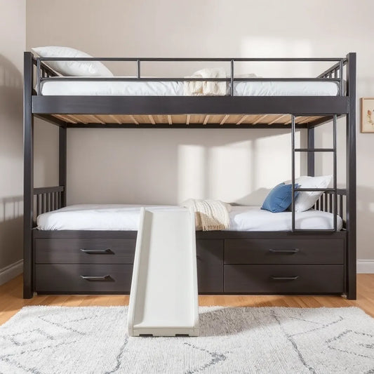 Modern bunk bed with built-in drawers and an attached slide in a tidy bedroom
