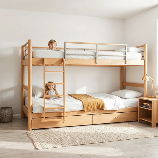 Kids bunk bed setup with tall guard rails, wide ladder steps, and neat mattresses in a bright bedroom