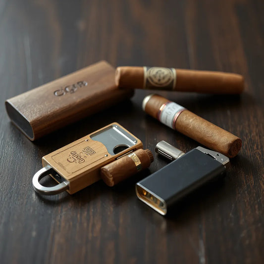 Cigar tools and case arranged neatly with premium cigars on a dark wooden table