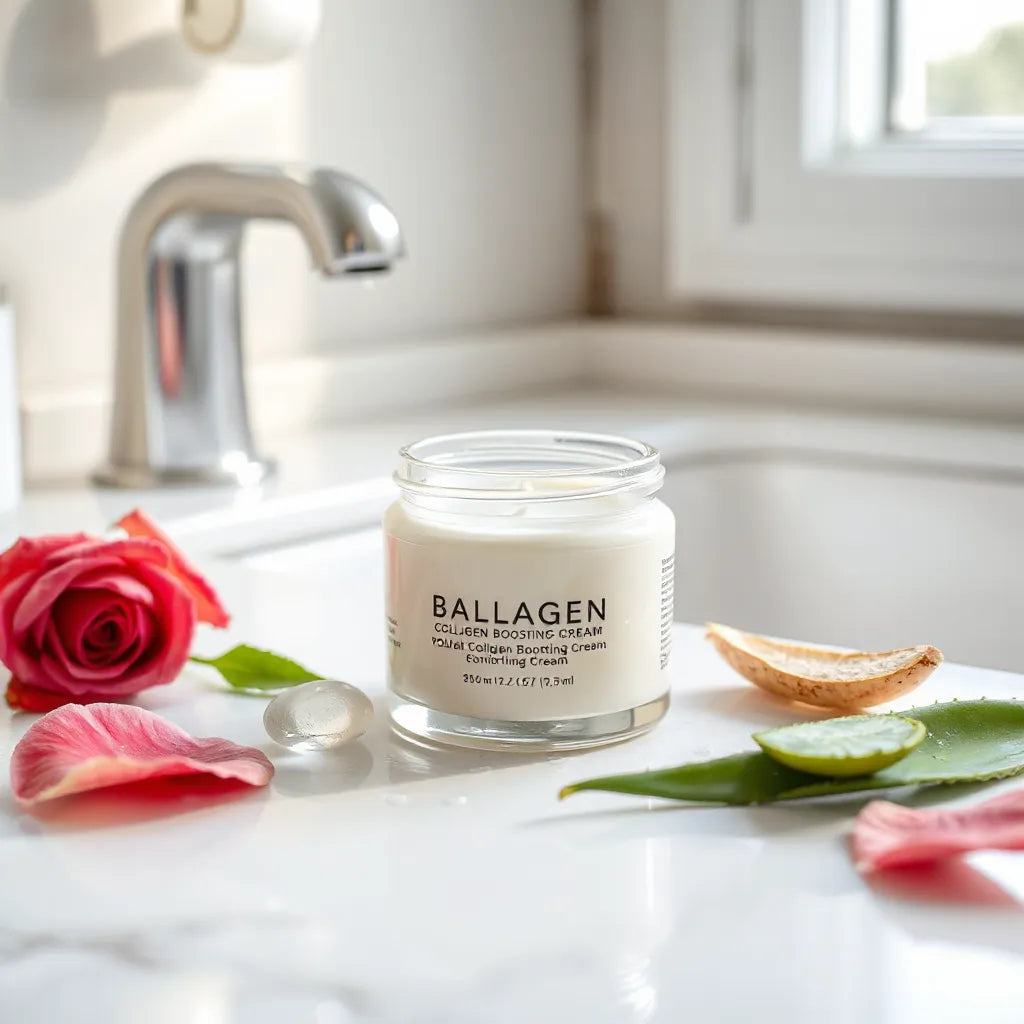Jar of collagen-boosting cream with soft botanical accents on a clean vanity