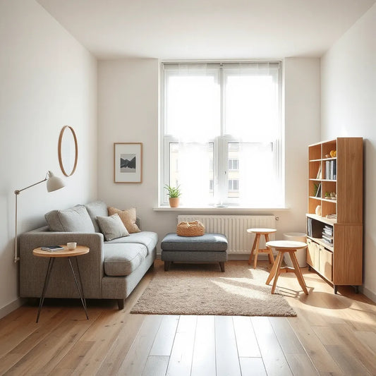 Small apartment living room with compact sofa storage, wall desk, nesting tables, and a narrow bookcase