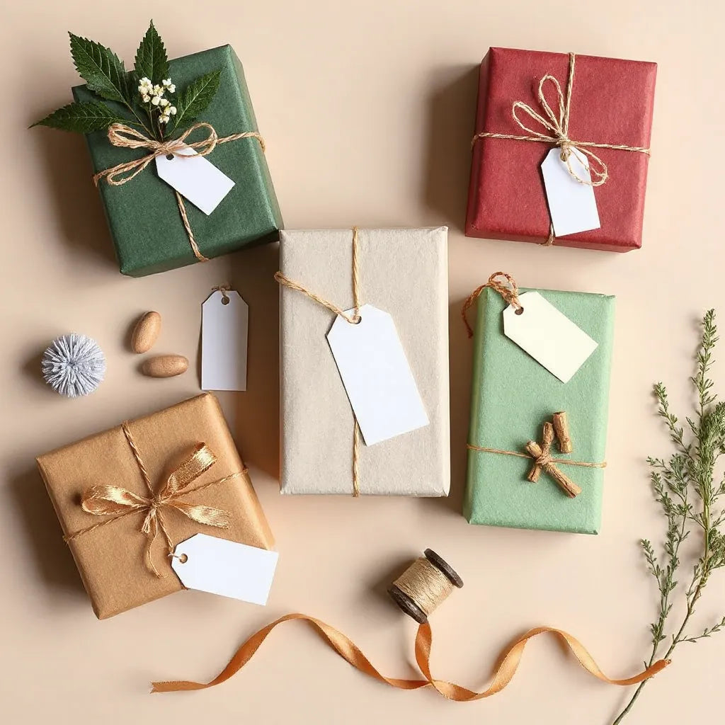 Wrapped gifts with ribbons and blank tags arranged on a neutral background