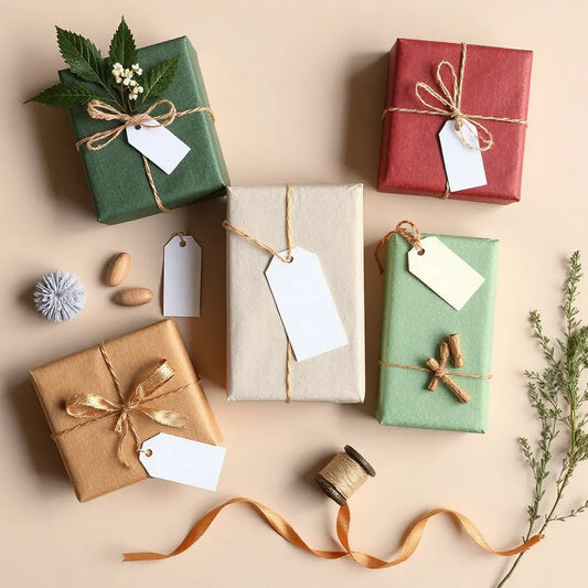Wrapped gifts with ribbons and blank tags arranged on a neutral background