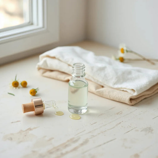 Glass serum bottles and a single drop on light stone with soft natural light