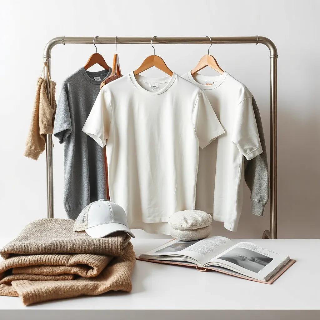 Neutral custom apparel items on a studio rack with neatly folded garments and visible fabric swatches