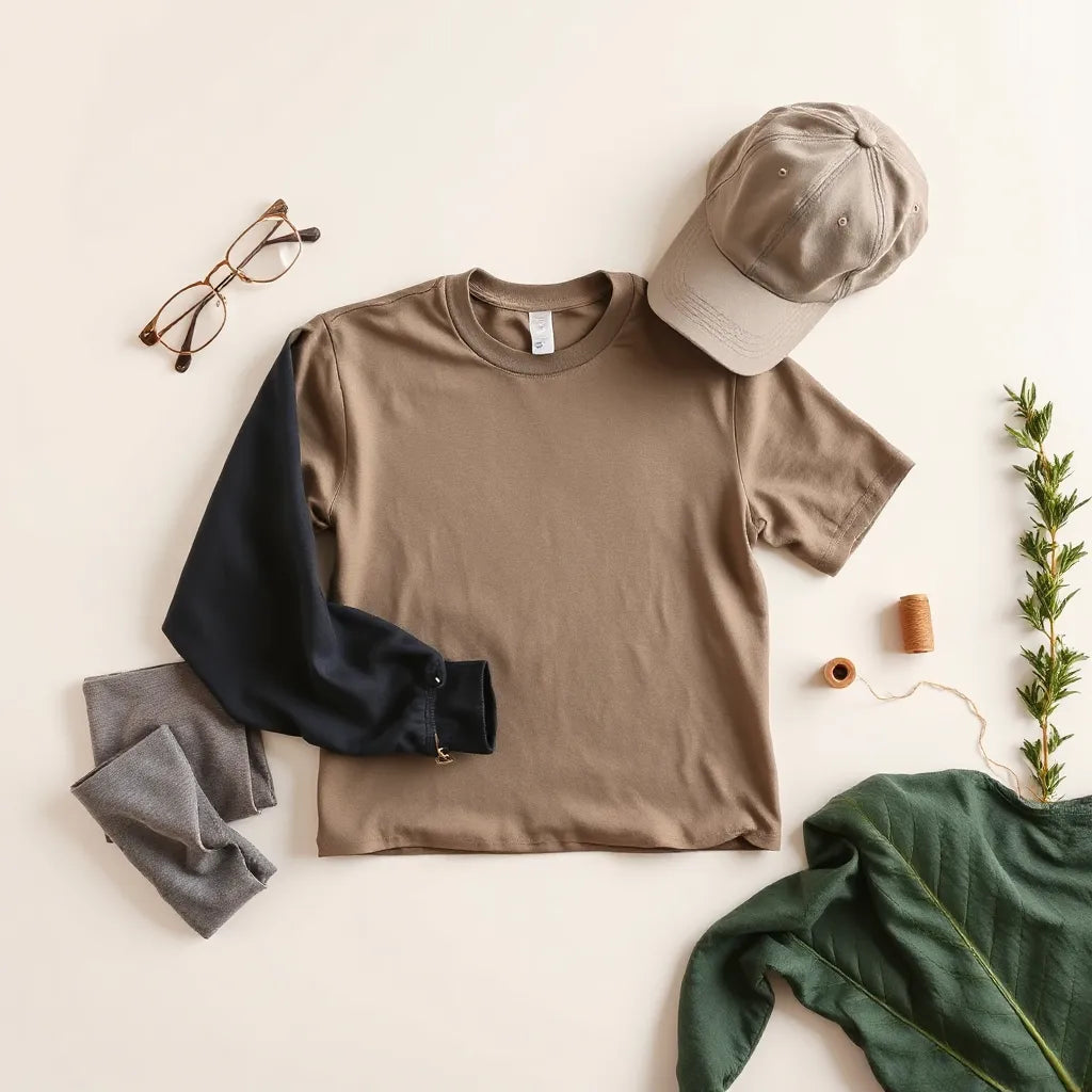 Folded custom clothing items and fabric swatches arranged neatly on a clean background
