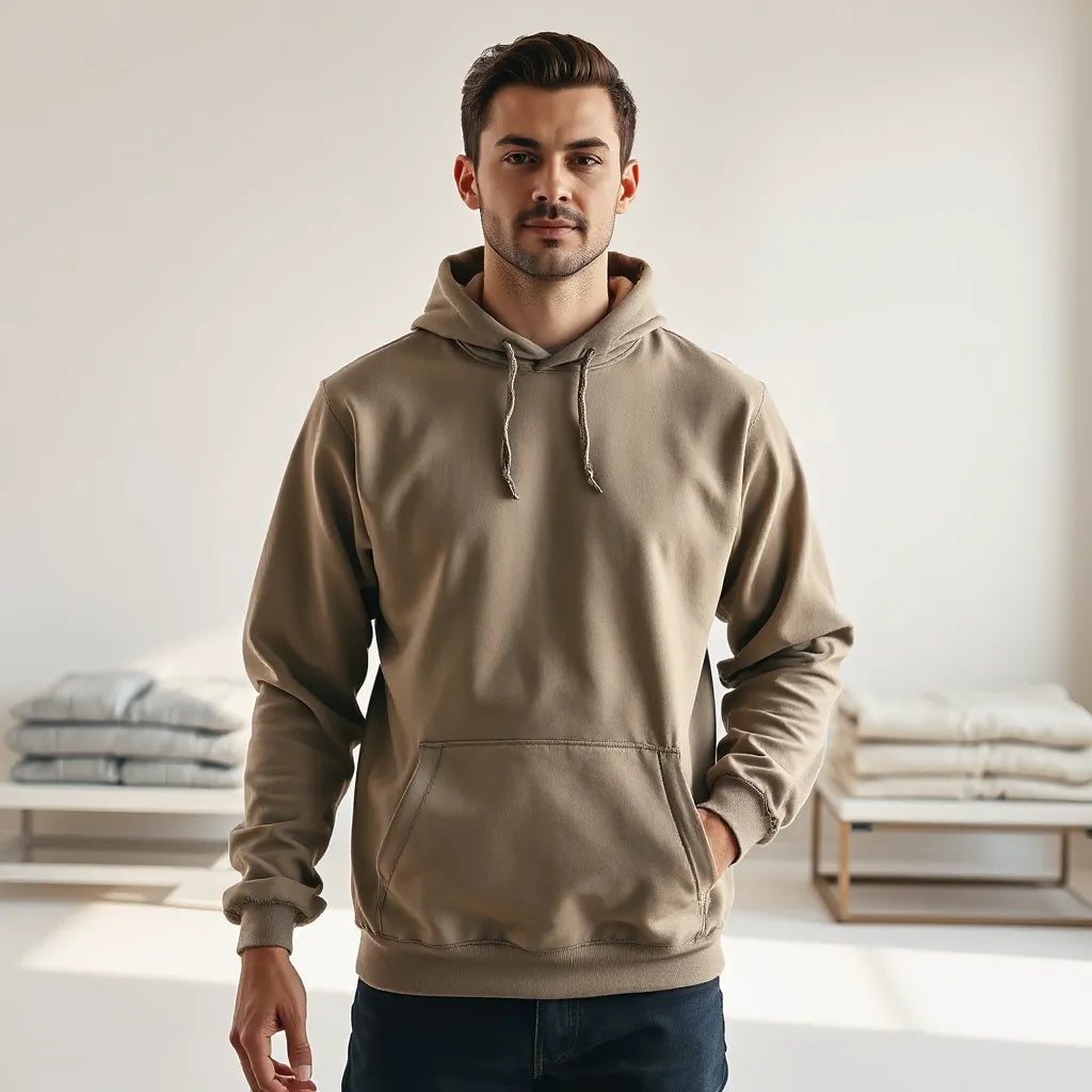 Person modeling custom apparel with subtle personalized artwork against a clean neutral studio background