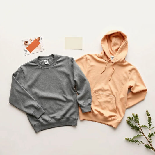 Custom apparel items including a sweatshirt, t-shirt, and hoodie arranged with color swatches and fabric samples