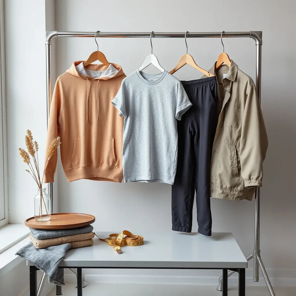 Coordinated custom clothing items on a rack with fabric swatches and measuring tape