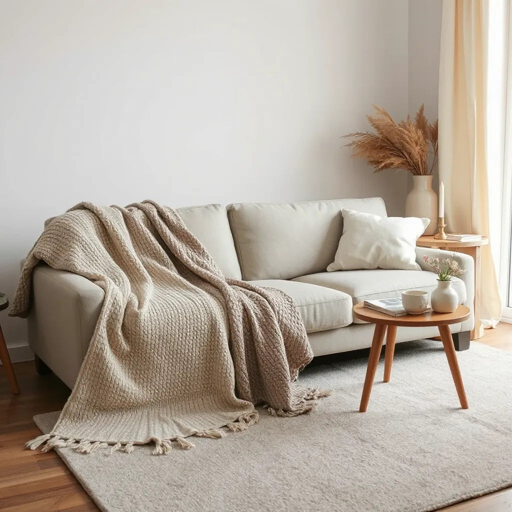 Cozy sofa and armchair styled with soft fashionable comfort throws in warm seasonal tones