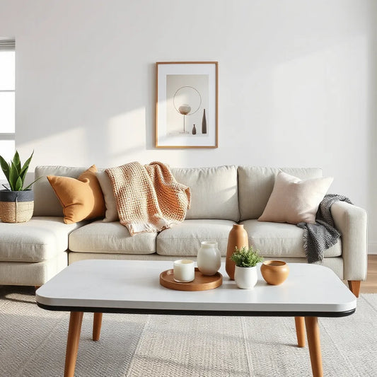Styled living room with vases, framed wall decor, candle, and a warm throw on a coffee table