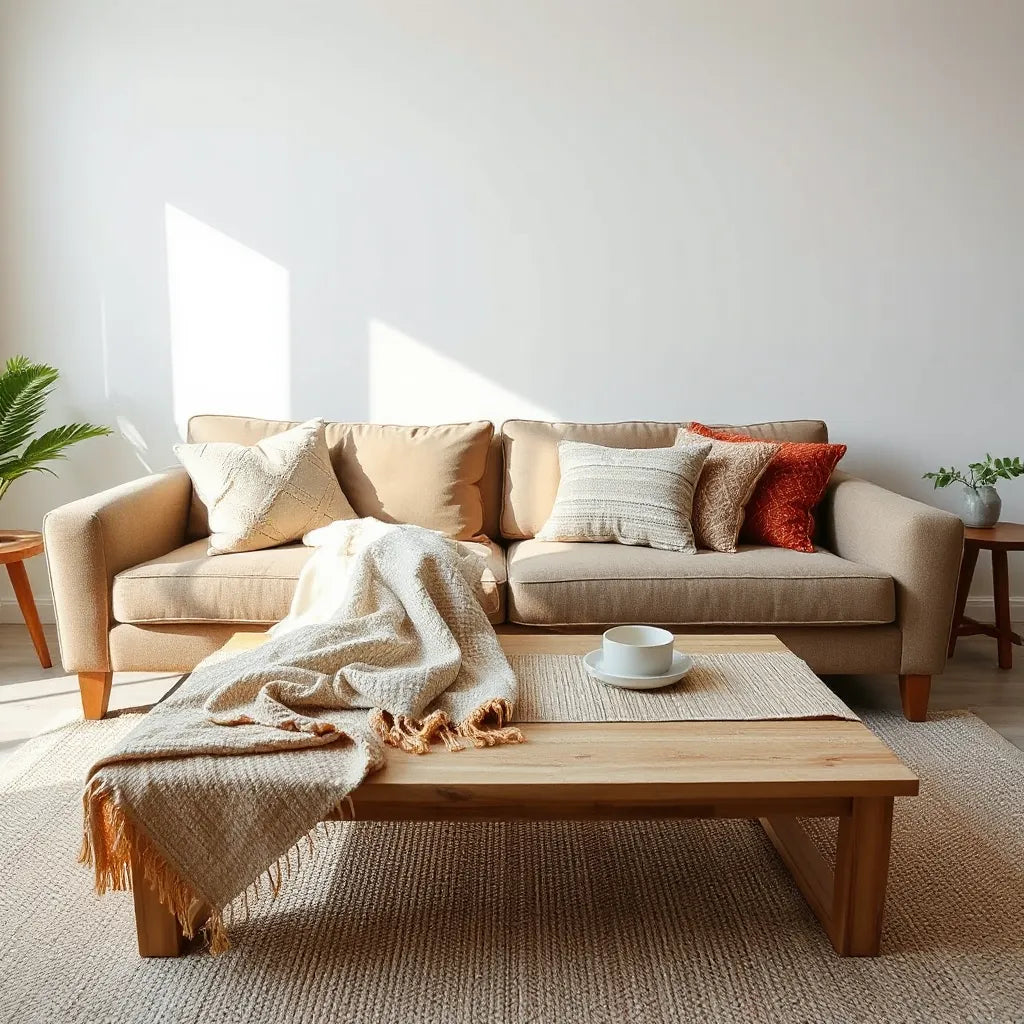 Layered throw blanket, patterned pillows, and table runner on a bright living room sofa