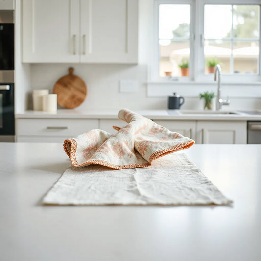 Folded patterned dish towel and coordinated oven mitt on a clean kitchen countertop