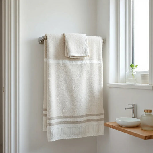 Decorative patterned towels neatly arranged on a bathroom towel rack with soft natural light