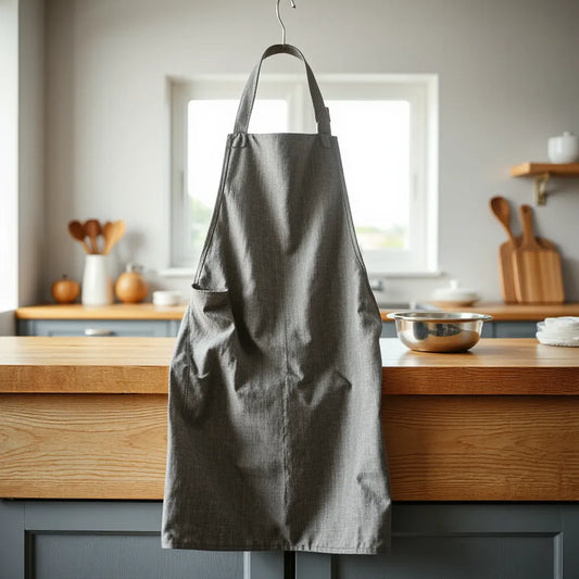 Tailored designer-style chef apron draped on a wooden counter in a bright, modern kitchen