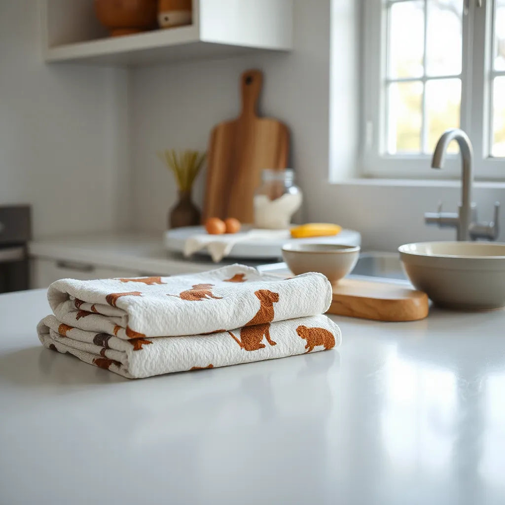 Folded dog breed themed kitchen towels on a bright kitchen countertop