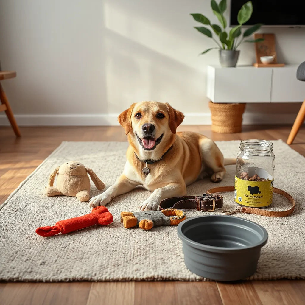 Friendly dog resting next to chew toys, collar and leash, and a water bowl in a tidy living room